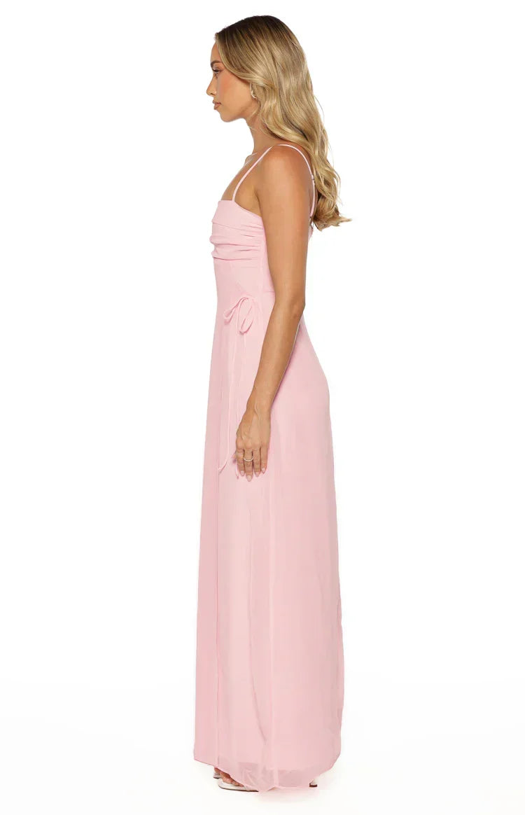 Chiffon Ruched Straight Neck Side Tie Spaghetti Strap Maxi Dress 8
