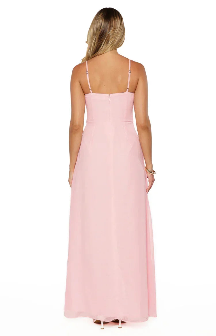Chiffon Ruched Straight Neck Side Tie Spaghetti Strap Maxi Dress 9
