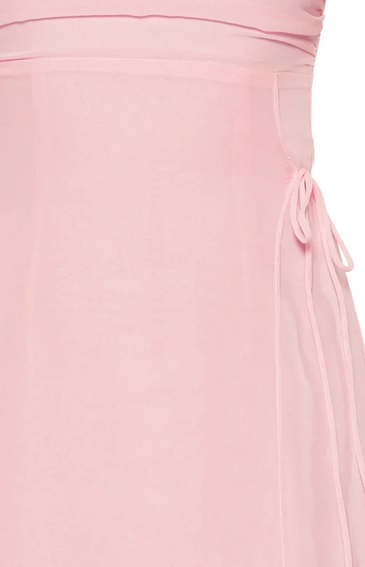 Chiffon Ruched Straight Neck Side Tie Spaghetti Strap Maxi Dress 10
