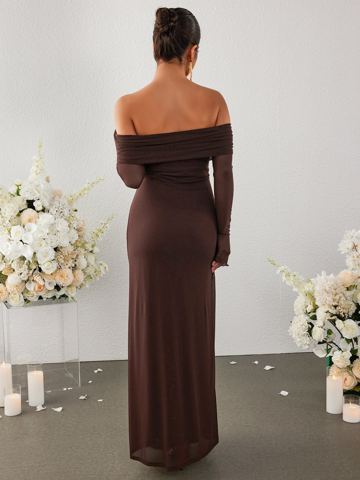 Off Shoulder Ruched Fold Over Long Sleeve Mesh Mermaid Maxi Dress 29