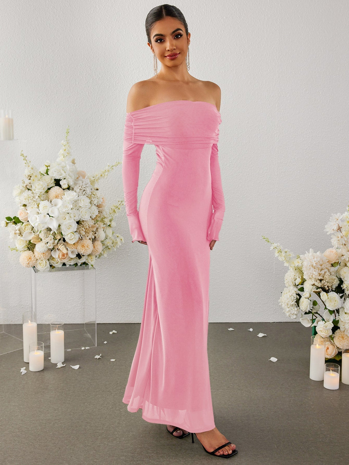 Off Shoulder Ruched Fold Over Long Sleeve Mesh Mermaid Maxi Dress 7