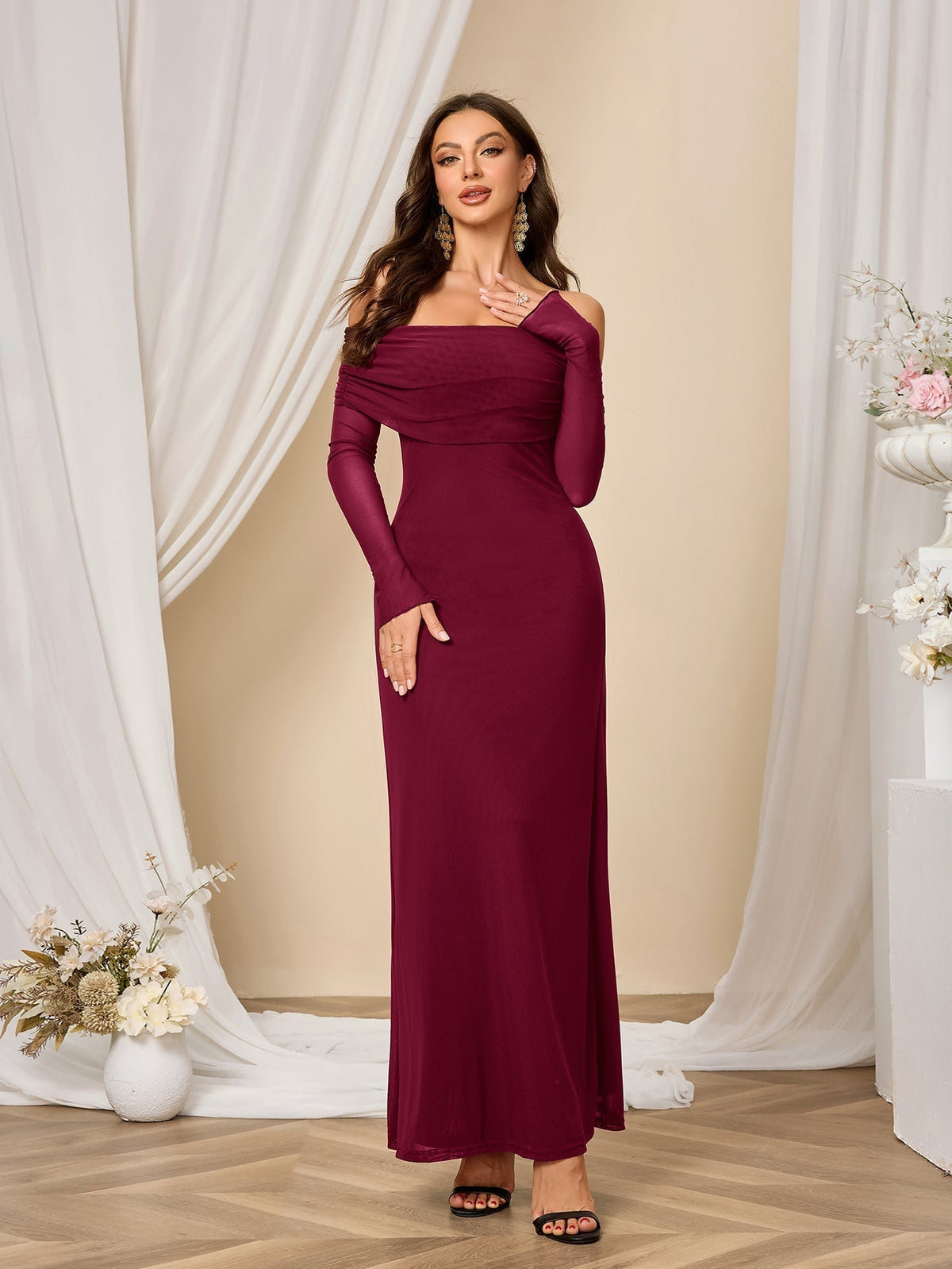 Off Shoulder Ruched Fold Over Long Sleeve Mesh Mermaid Maxi Dress 14
