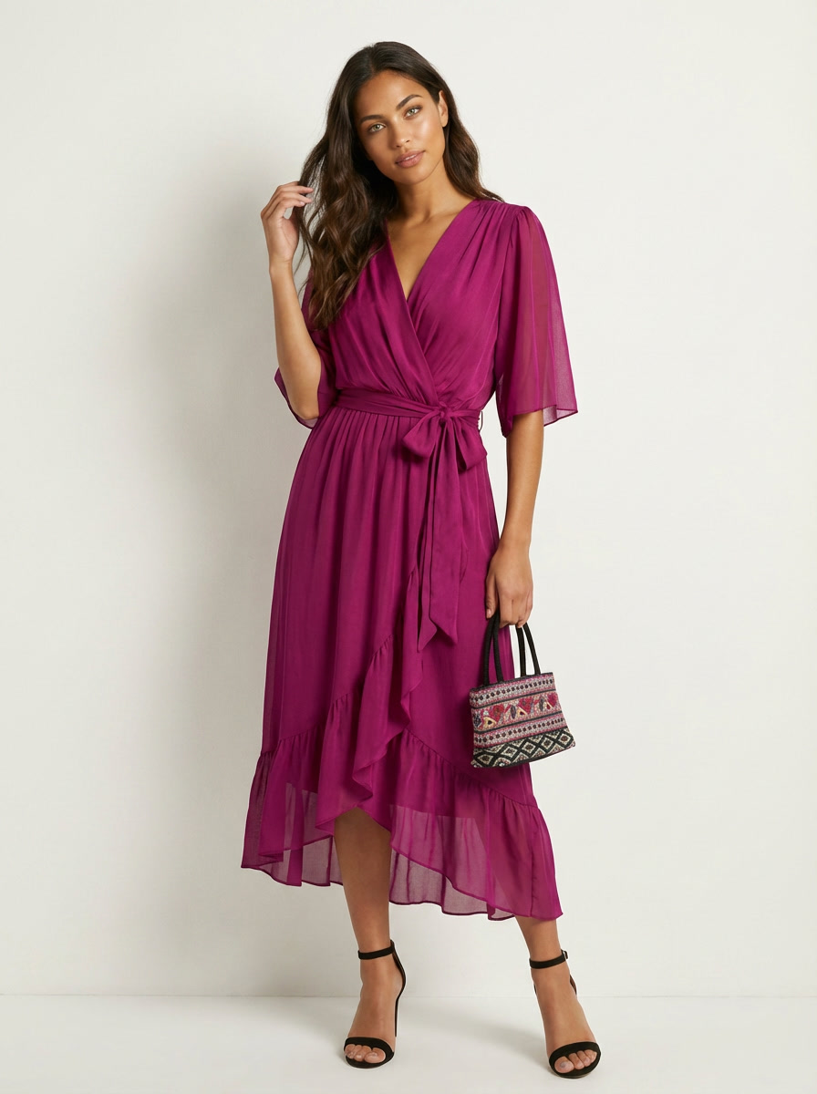 Women's Flowy Wrap Midi Dress with Tie Waist