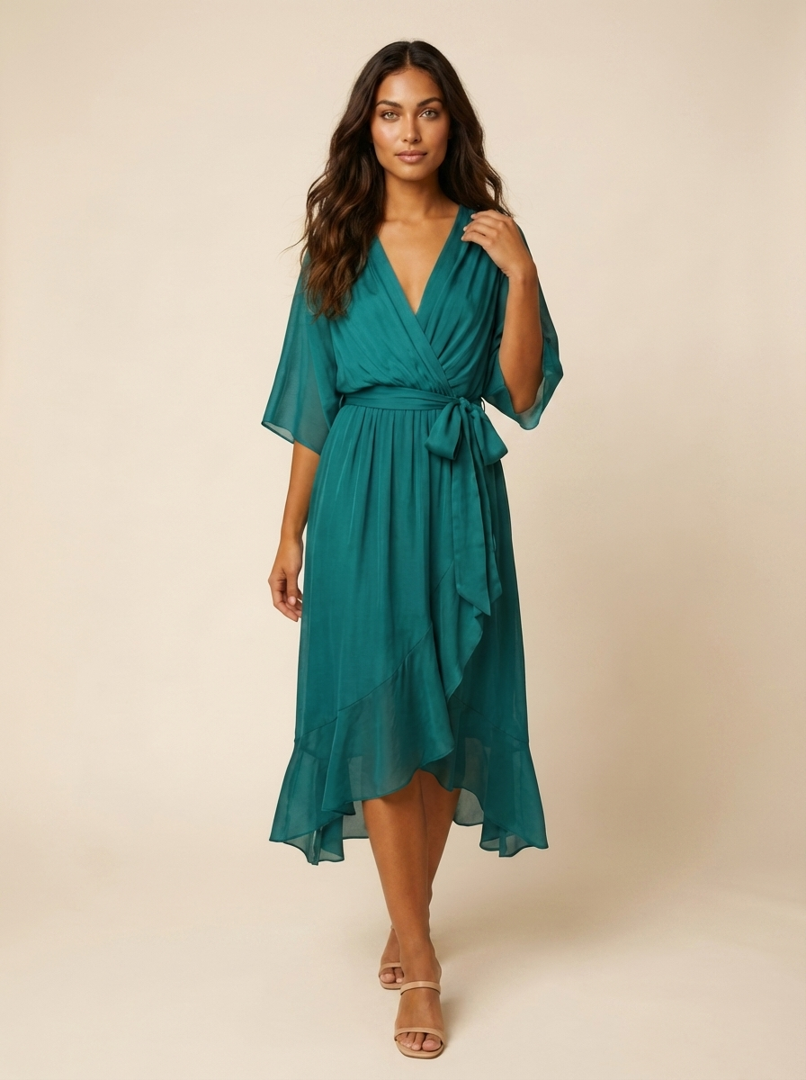 Women's Flowy Wrap Midi Dress with Tie Waist