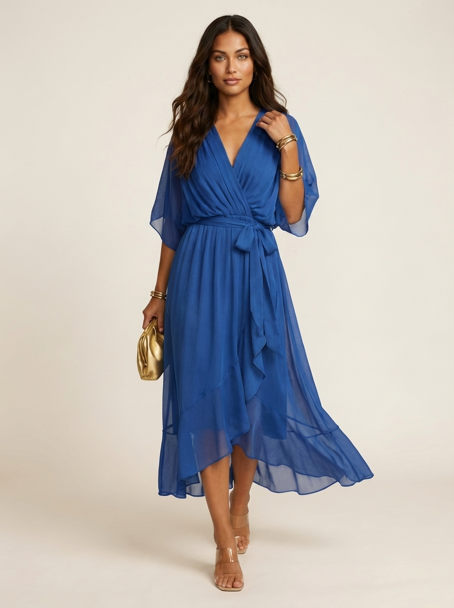 Women's Flowy Wrap Midi Dress with Tie Waist