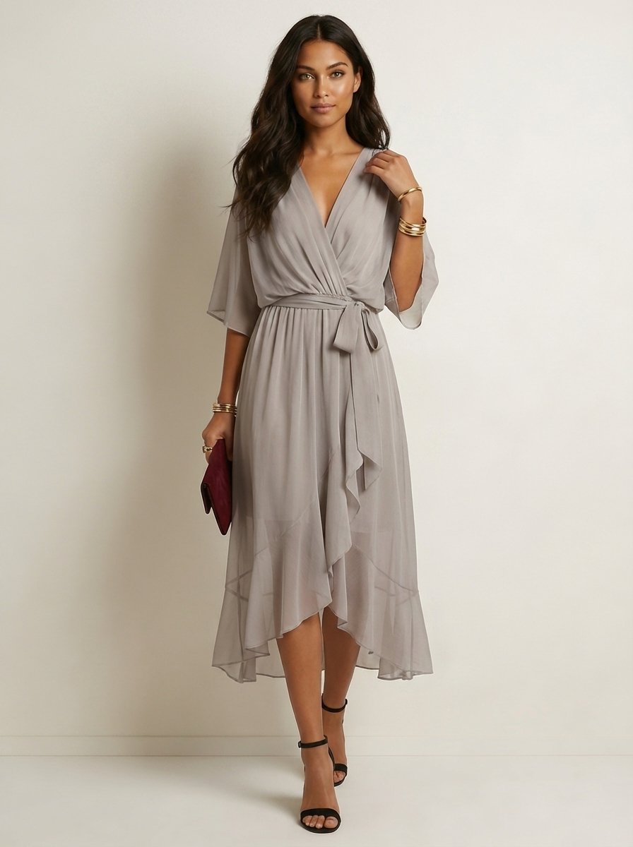 Women's Flowy Wrap Midi Dress with Tie Waist