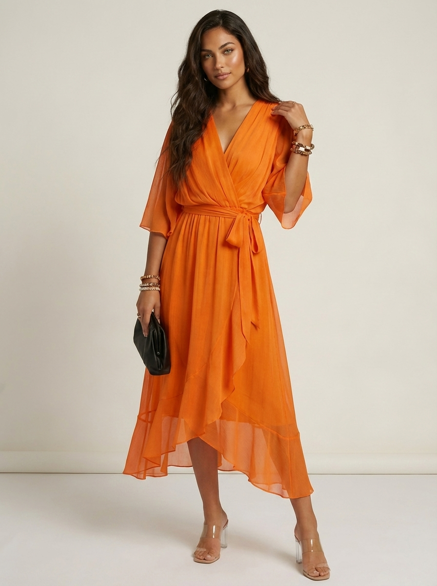 Women's Flowy Wrap Midi Dress with Tie Waist