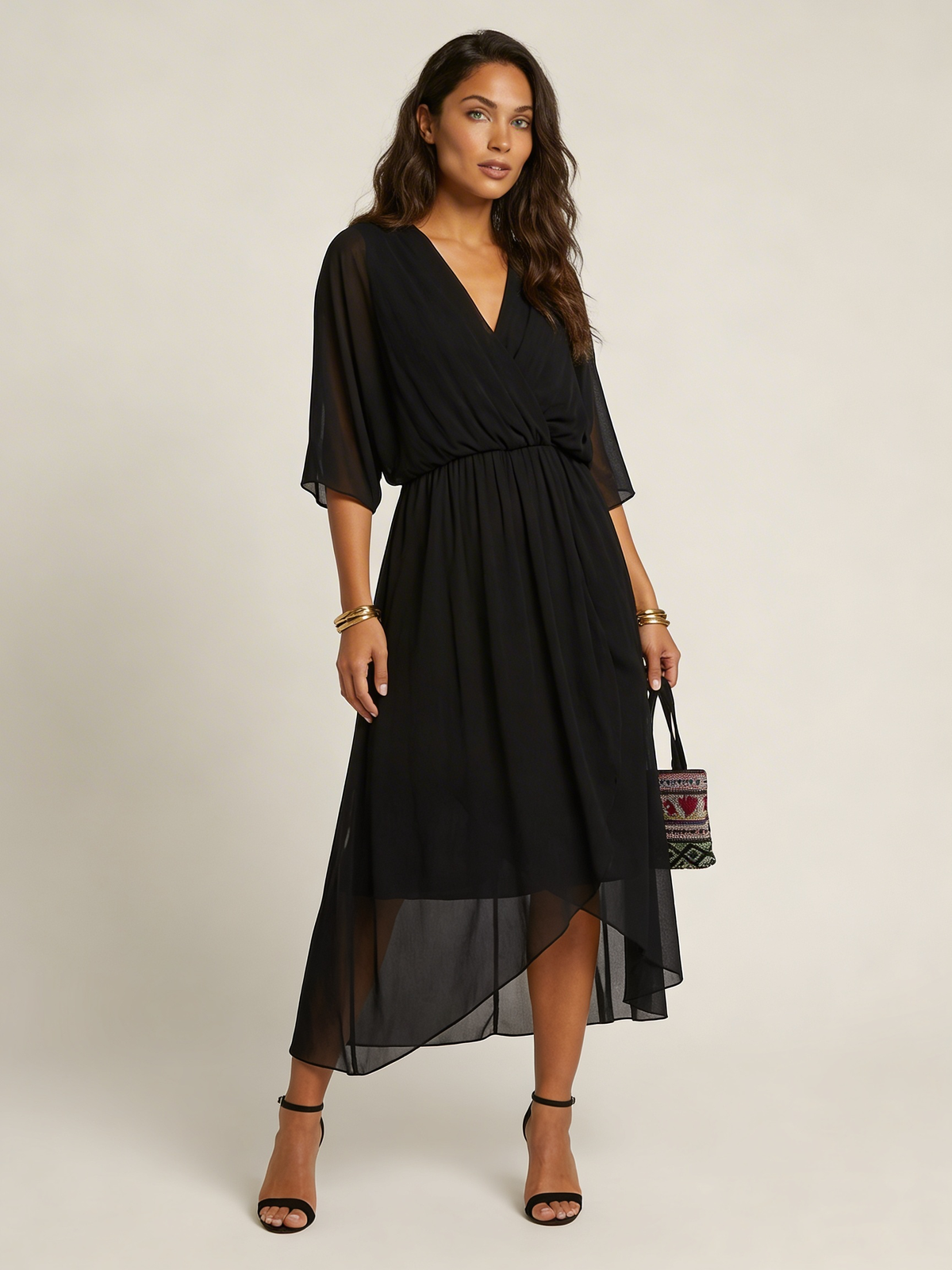 Women's Flowy Wrap Midi Dress with Tie Waist