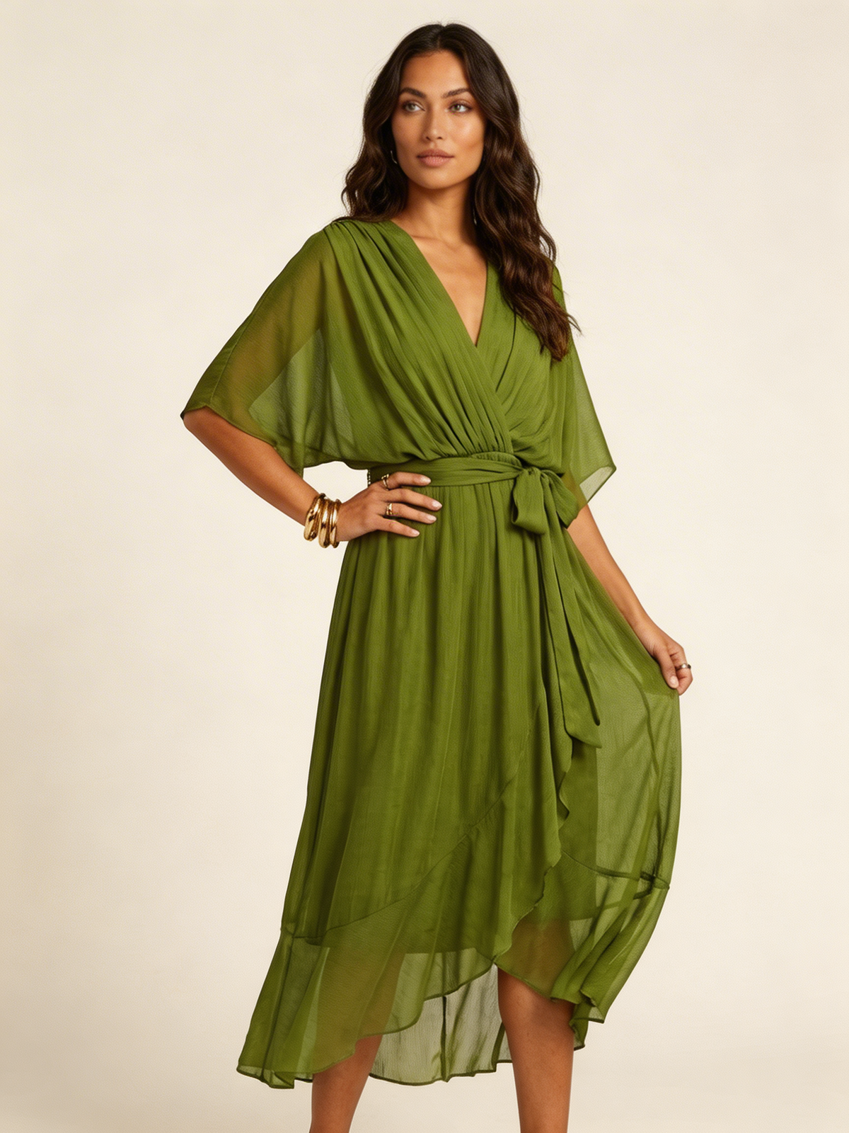Women's Flowy Wrap Midi Dress with Tie Waist