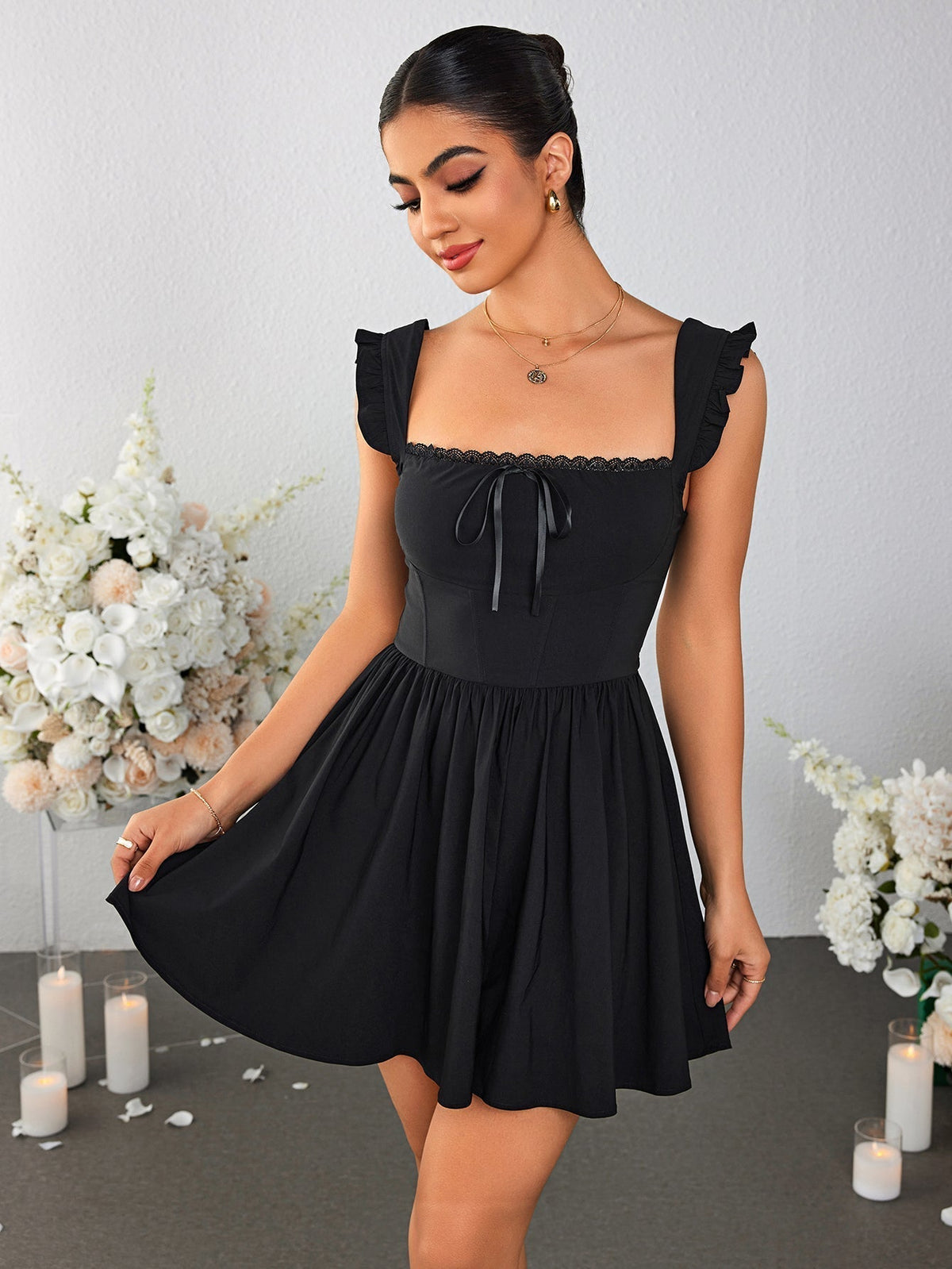 Square Neck Ruffle Strap Lace Trim Tie Front Fit and Flare Mini Dress