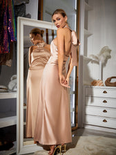 Satin Halter Neck Backless Bow Tie Bias Cut Maxi Dress