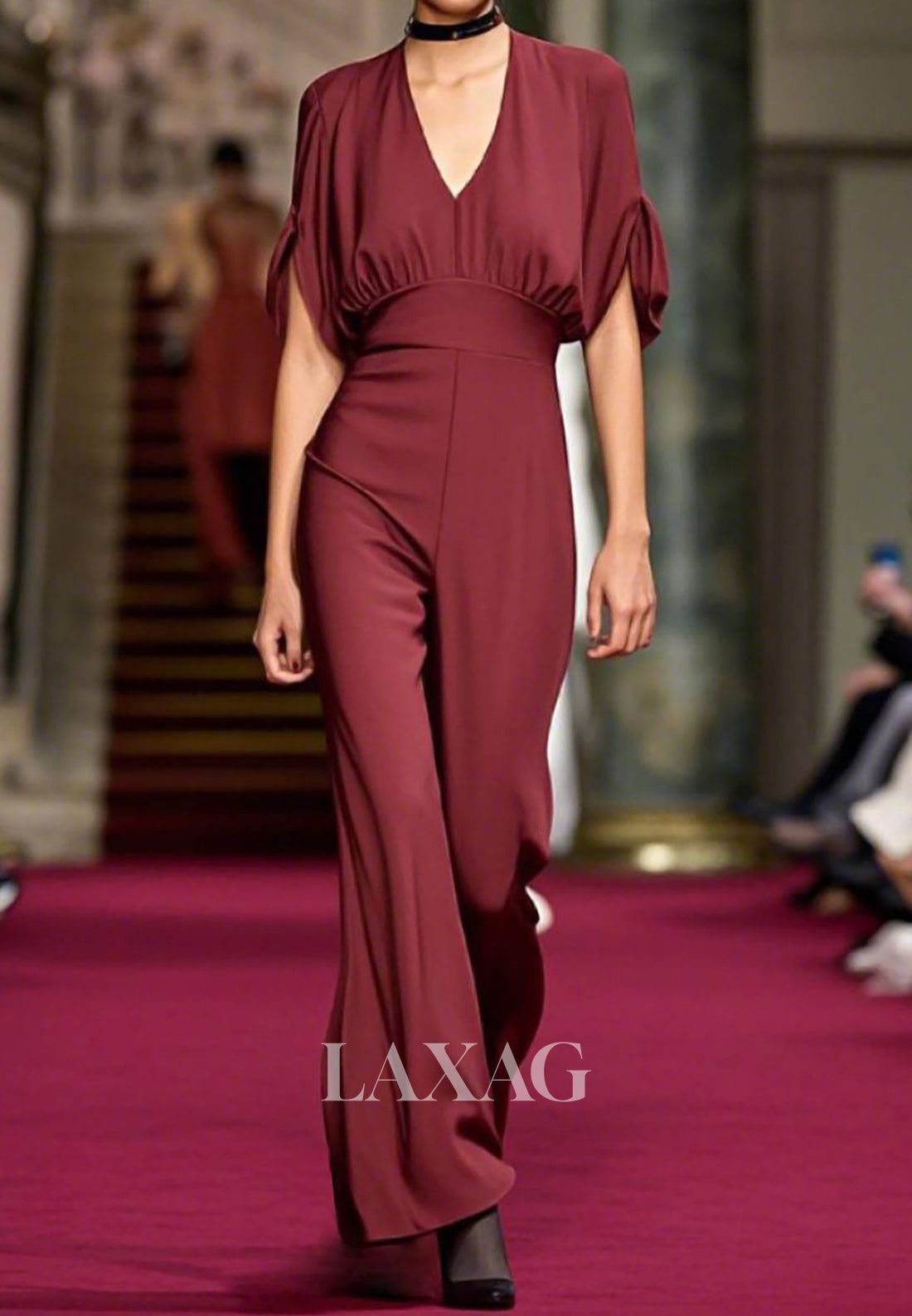 Deep V-Neck Half-Sleeves Pleated Satin Simple Jumpsuit