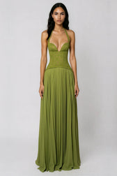 Halter Neck Deep V-Neck Lace Corset Maxi Dress