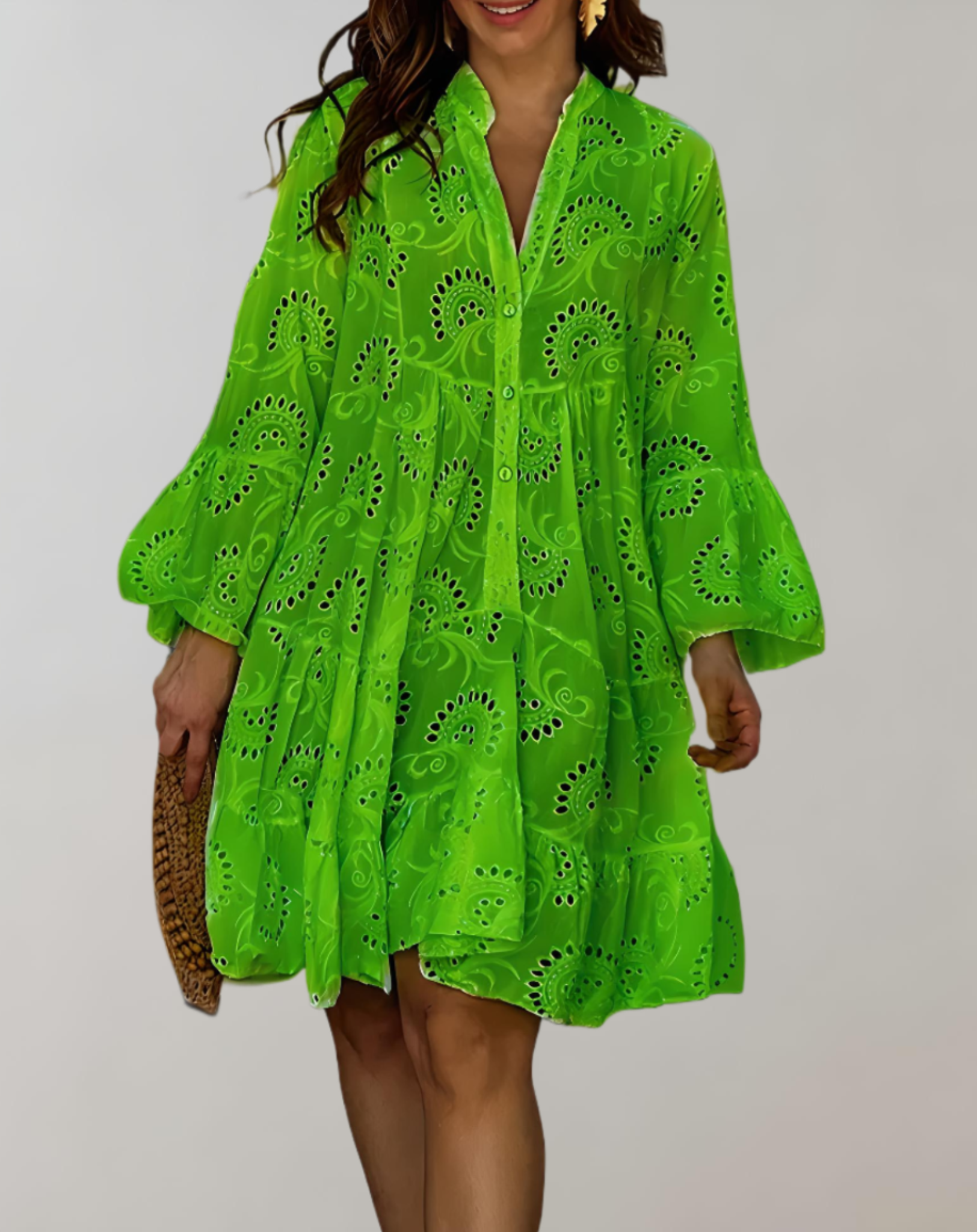 Eyelet Lace Button Down Collar Flared Ruffle Sleeve Tiered Mini Dress