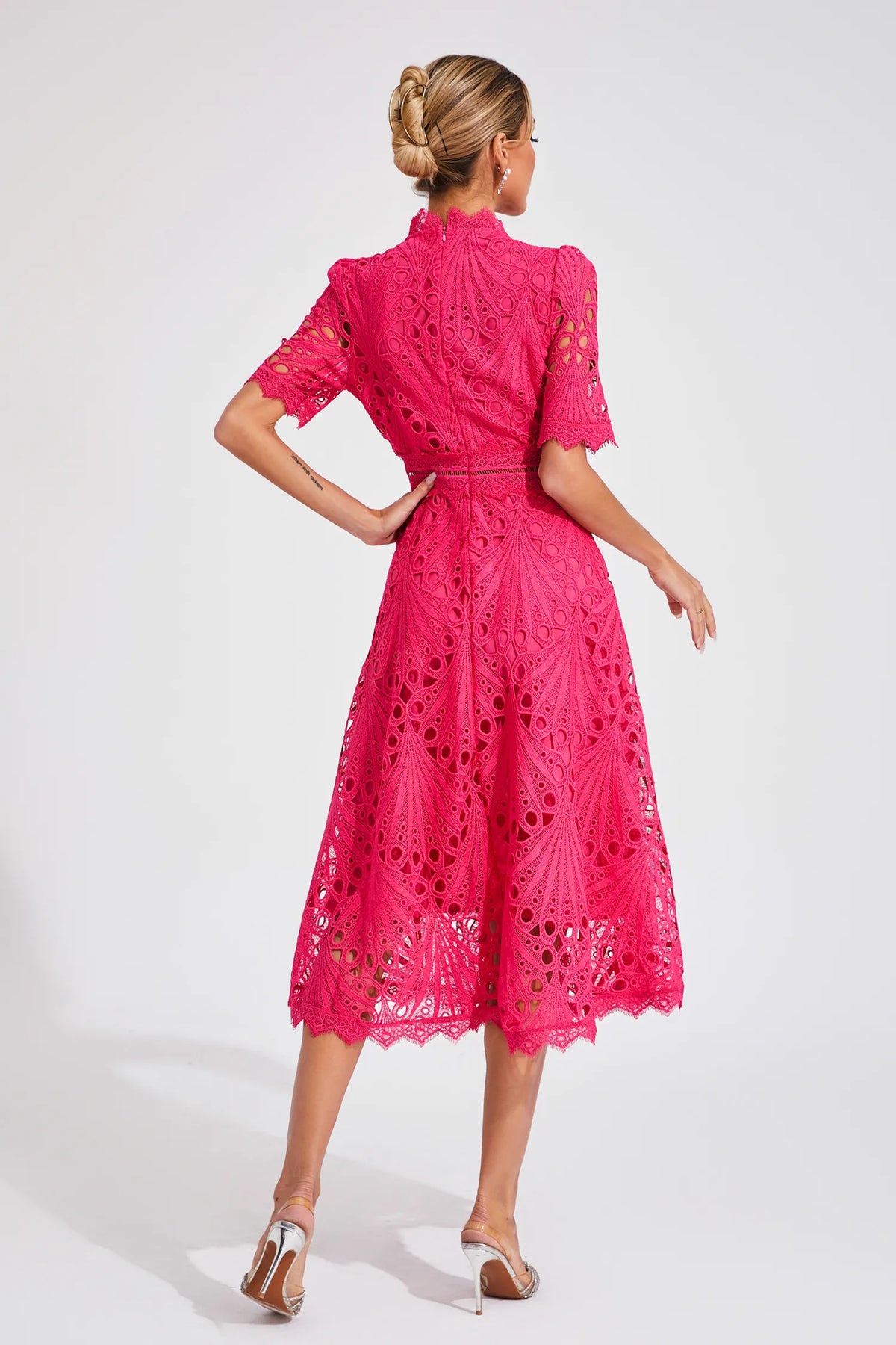 Eyelet Lace Mock Neck Short Puff Sleeve A-Line Midi Dress 8