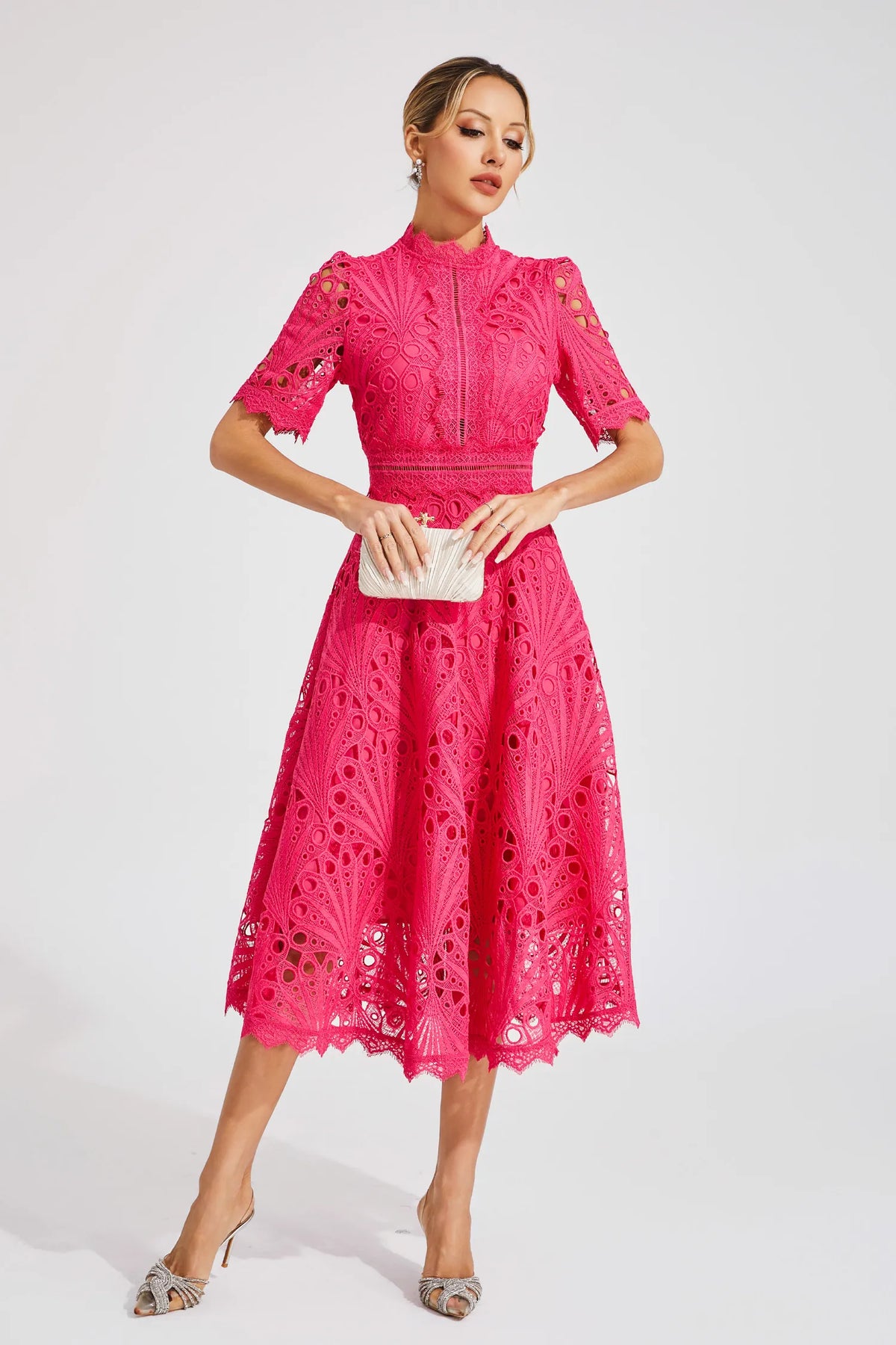 Eyelet Lace Mock Neck Short Puff Sleeve A-Line Midi Dress 2