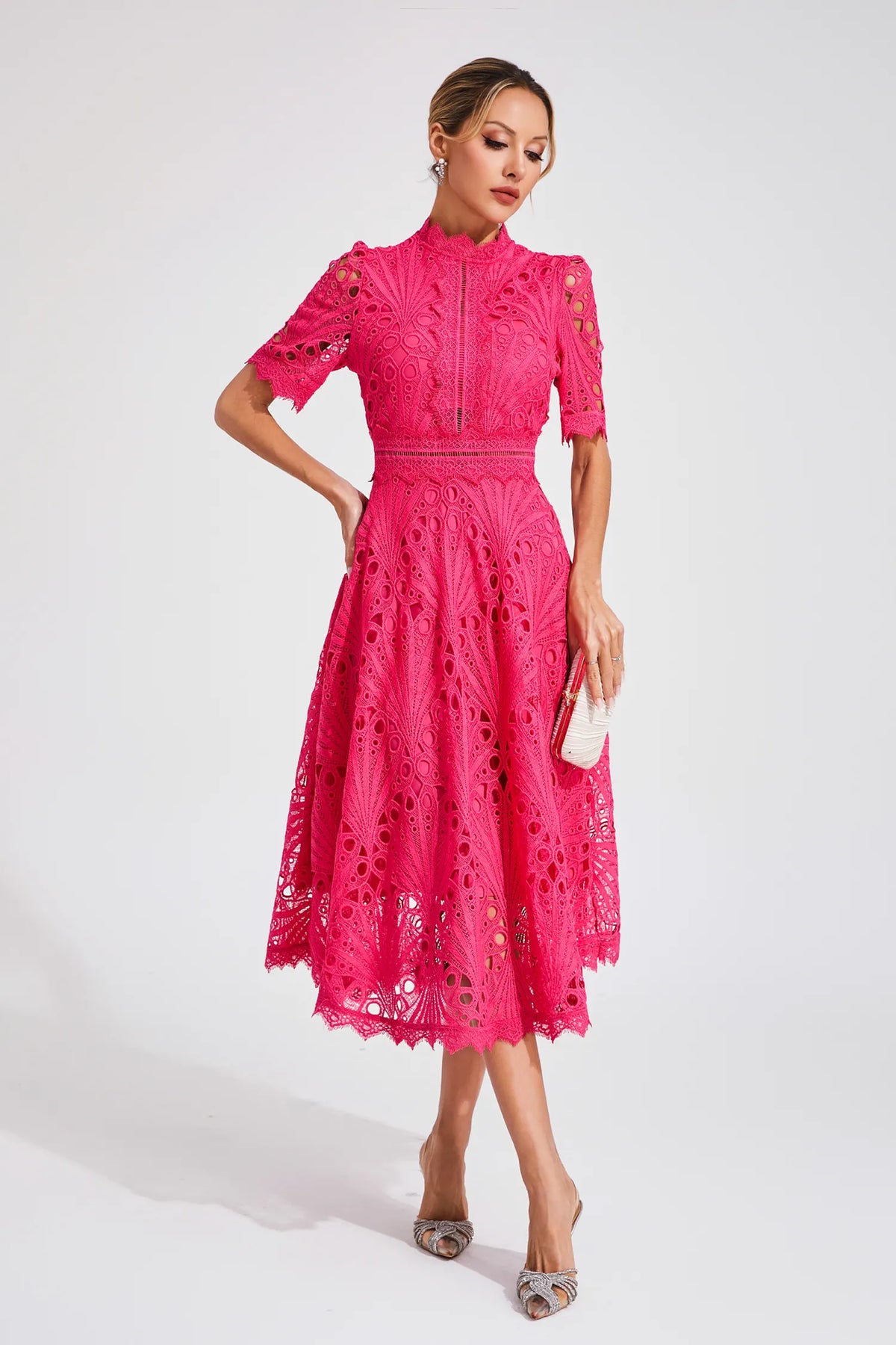 Eyelet Lace Mock Neck Short Puff Sleeve A-Line Midi Dress 4