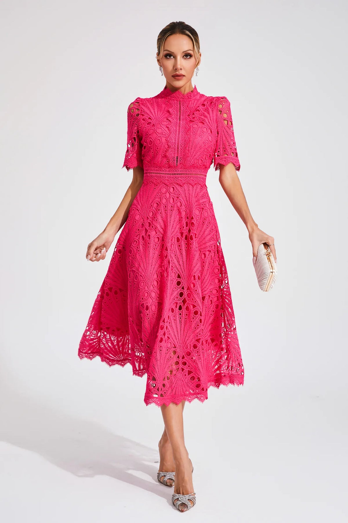 Eyelet Lace Mock Neck Short Puff Sleeve A-Line Midi Dress 6