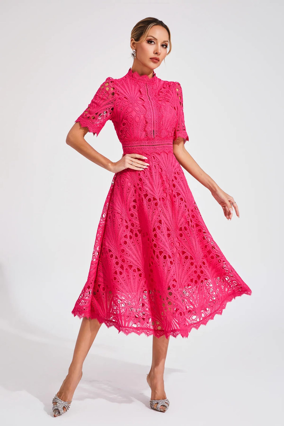 Eyelet Lace Mock Neck Short Puff Sleeve A-Line Midi Dress 5