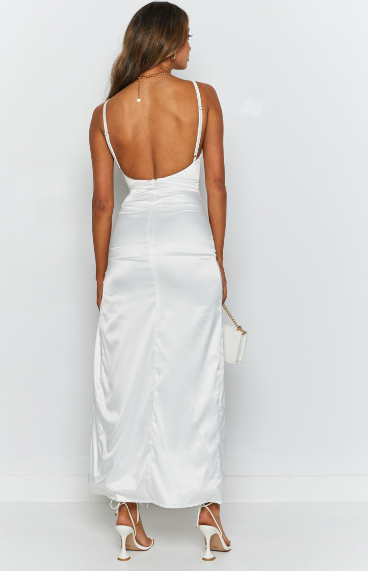 Satin Open Back High Split Ruched Midi Formal Dress 5