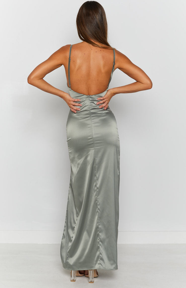 Satin V-Neck Spaghetti Strap High Split Column Maxi Dress 8