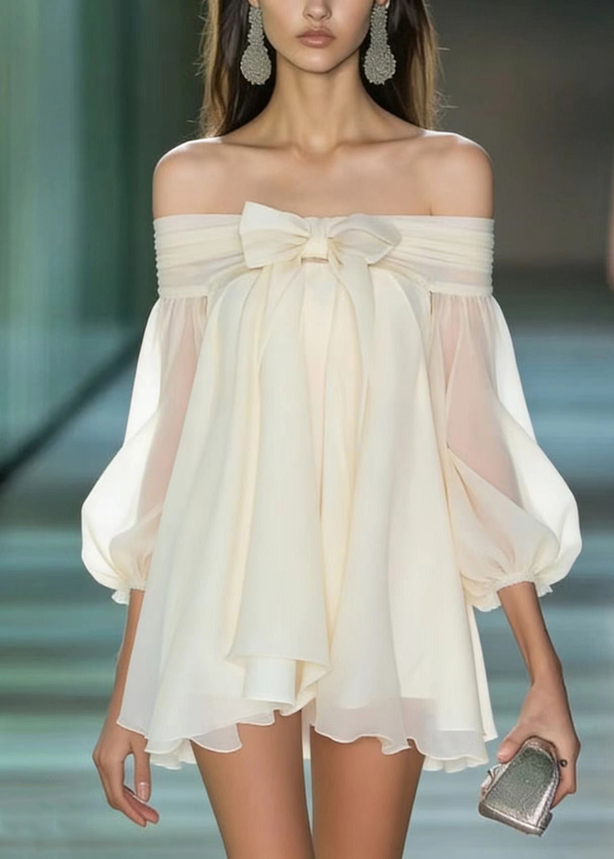French Apricot Slash Neck Bow Chiffon Mini Dresses Summer - View 3