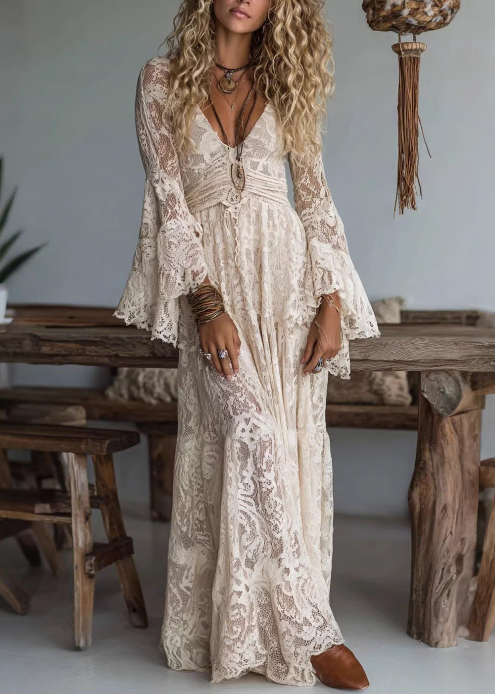 French Apricot V Neck Ruffled Lace Long Dresses