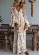 French Apricot V Neck Ruffled Lace Long Dresses