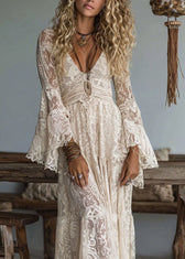 French Apricot V Neck Ruffled Lace Long Dresses 2