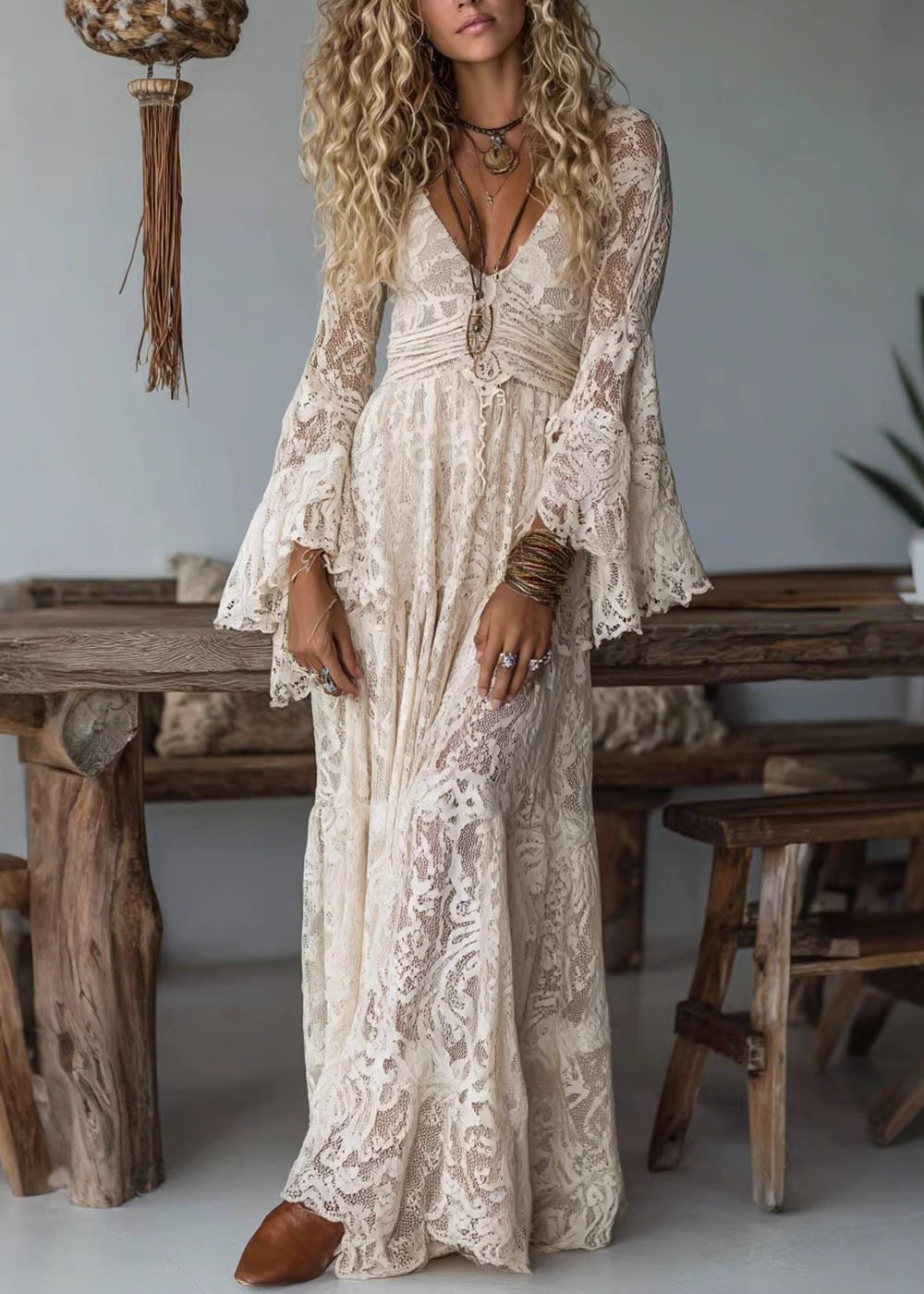 French Apricot V Neck Ruffled Lace Long Dresses 3