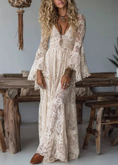French Apricot V Neck Ruffled Lace Long Dresses 3