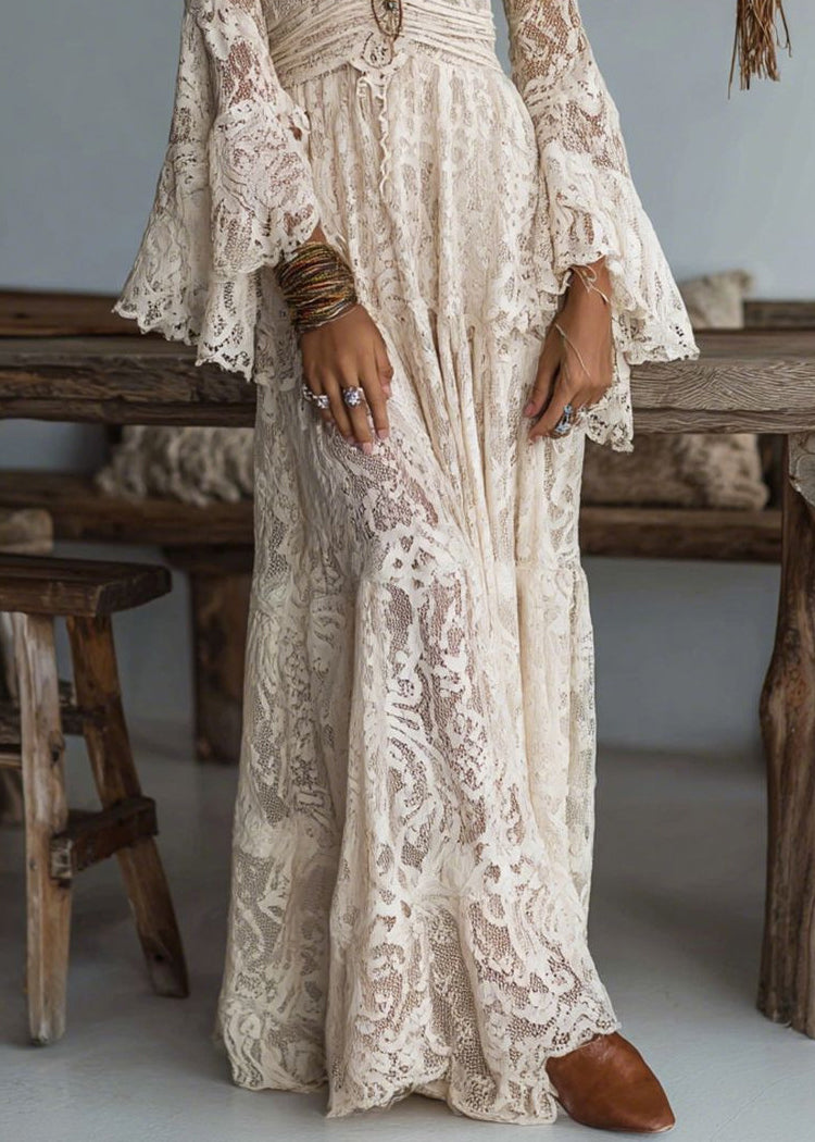 French Apricot V Neck Ruffled Lace Long Dresses 4
