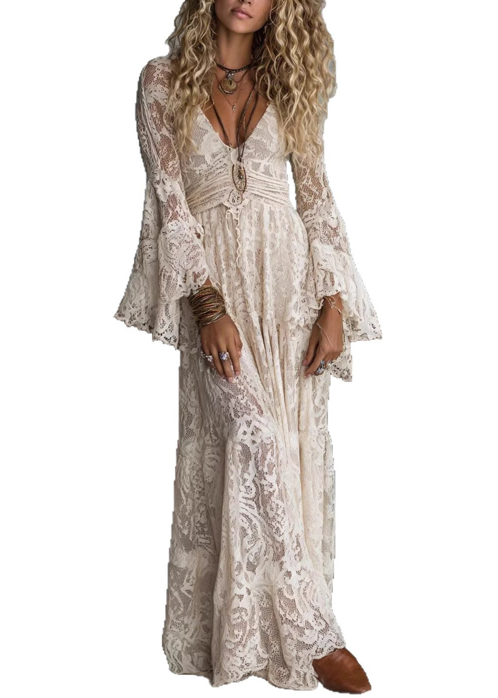 French Apricot V Neck Ruffled Lace Long Dresses 5