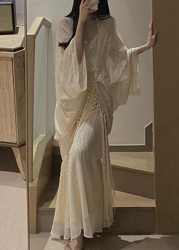 Sheer Embroidered Batwing Sleeve Macrame Fringe Spaghetti Strap Dress Two-Piece Set