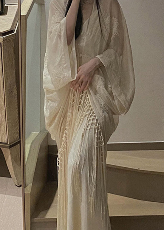 Sheer Embroidered Batwing Sleeve Macrame Fringe Spaghetti Strap Dress Two-Piece Set