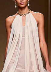 French Beige Cold Shoulder Mesh Halter Dress Summer 2