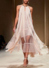 French Beige Cold Shoulder Mesh Halter Dress Summer 3