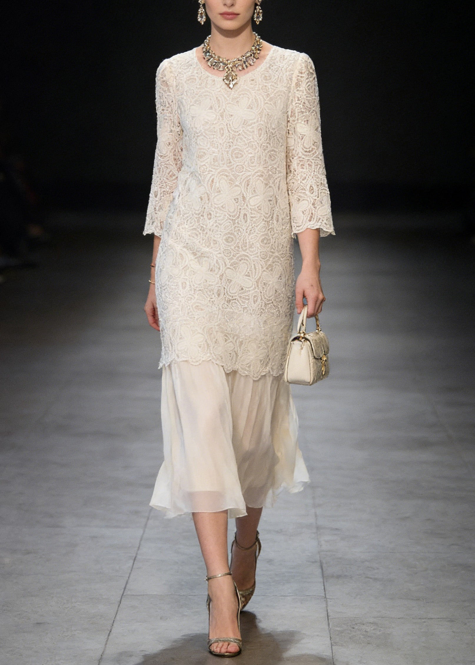 Lace Round Neck 3/4 Sleeve Layered Scalloped Overlay Midi Dress