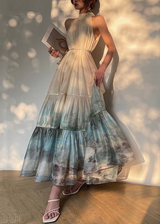 Scenic Print Mock Neck Sleeveless Tie Waist Tiered Maxi Dress