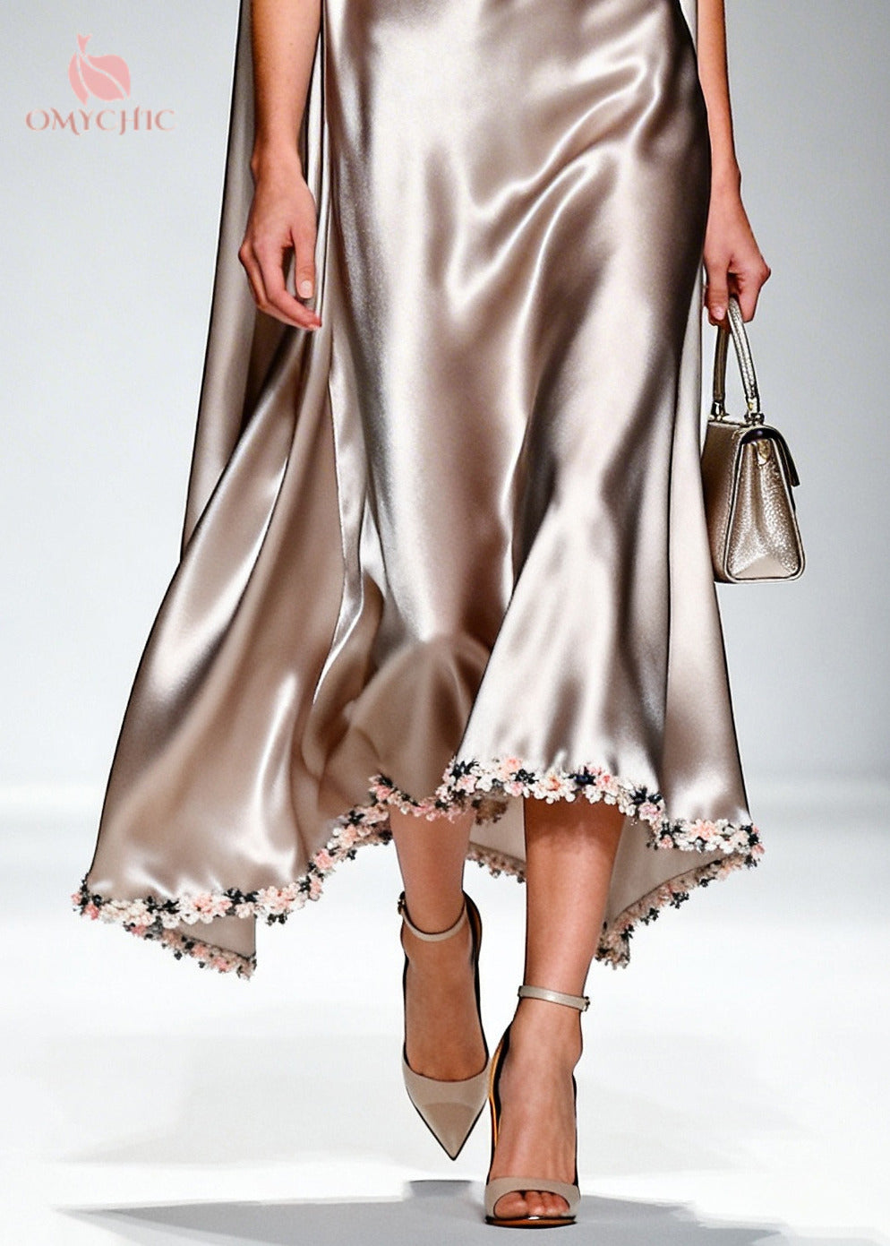 Satin Cowl Neck Cape Back Floral Applique High Low Hem Midi Gown