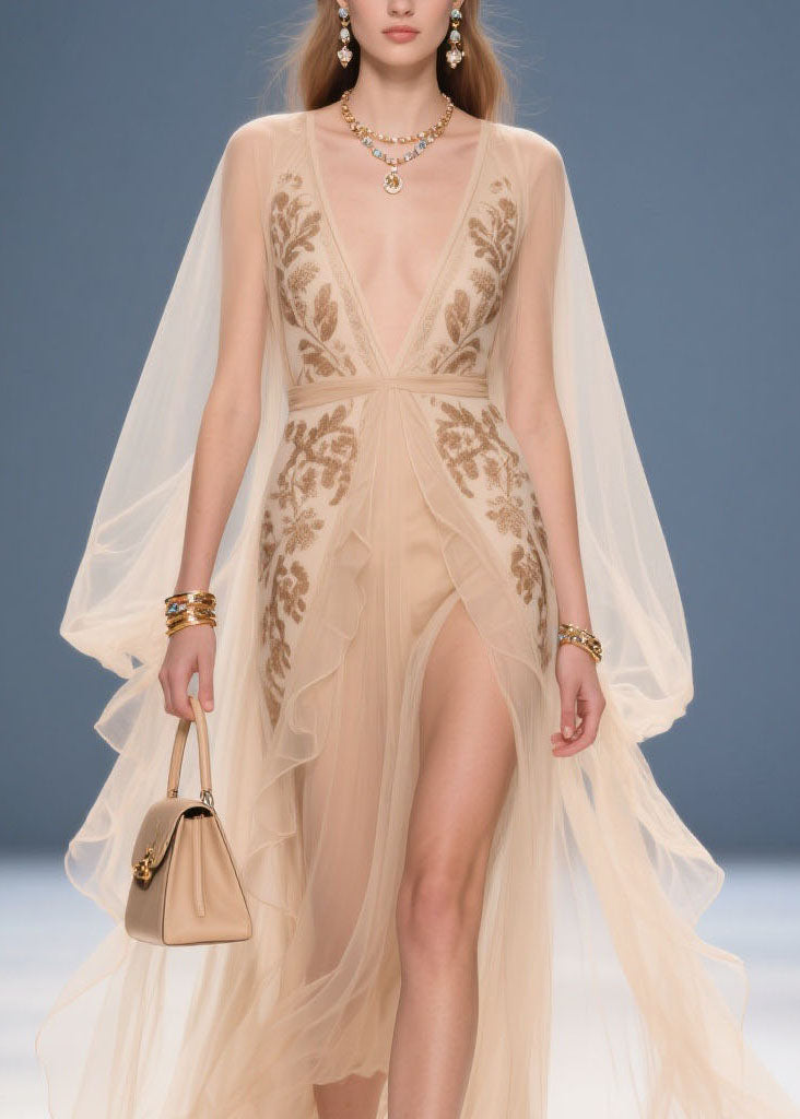 Chiffon Deep V-Neck Embroidered Cape Sleeve High Split Maxi Gown