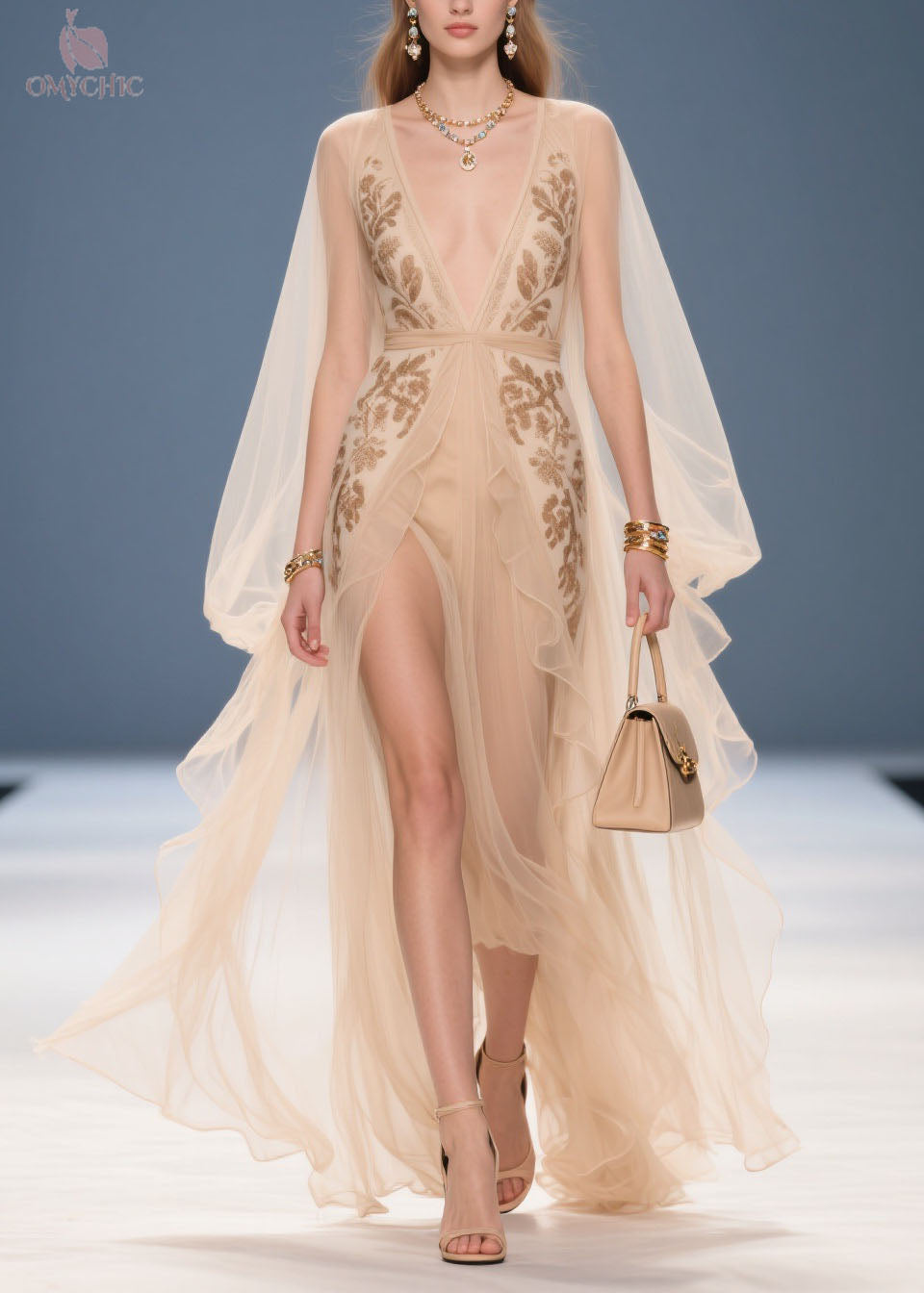 Chiffon Deep V-Neck Embroidered Cape Sleeve High Split Maxi Gown