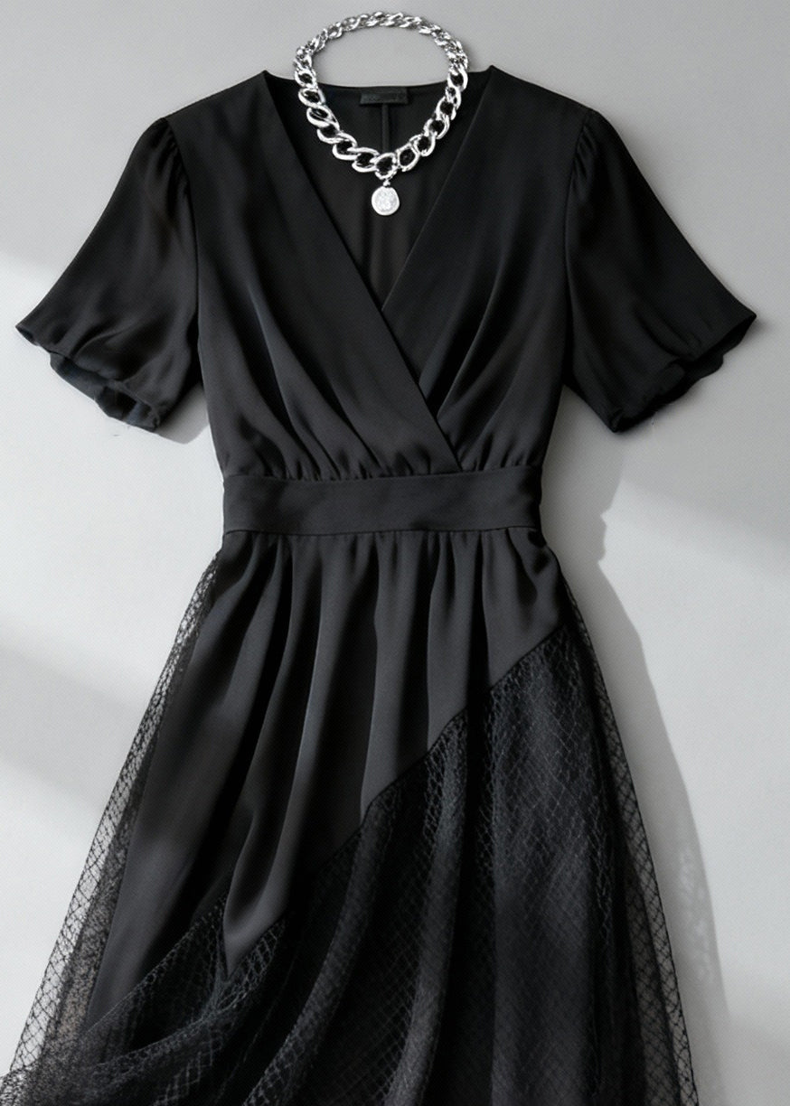 Deep V-Neck Wrap Short Sleeve Mesh Panel A-Line Midi Dress