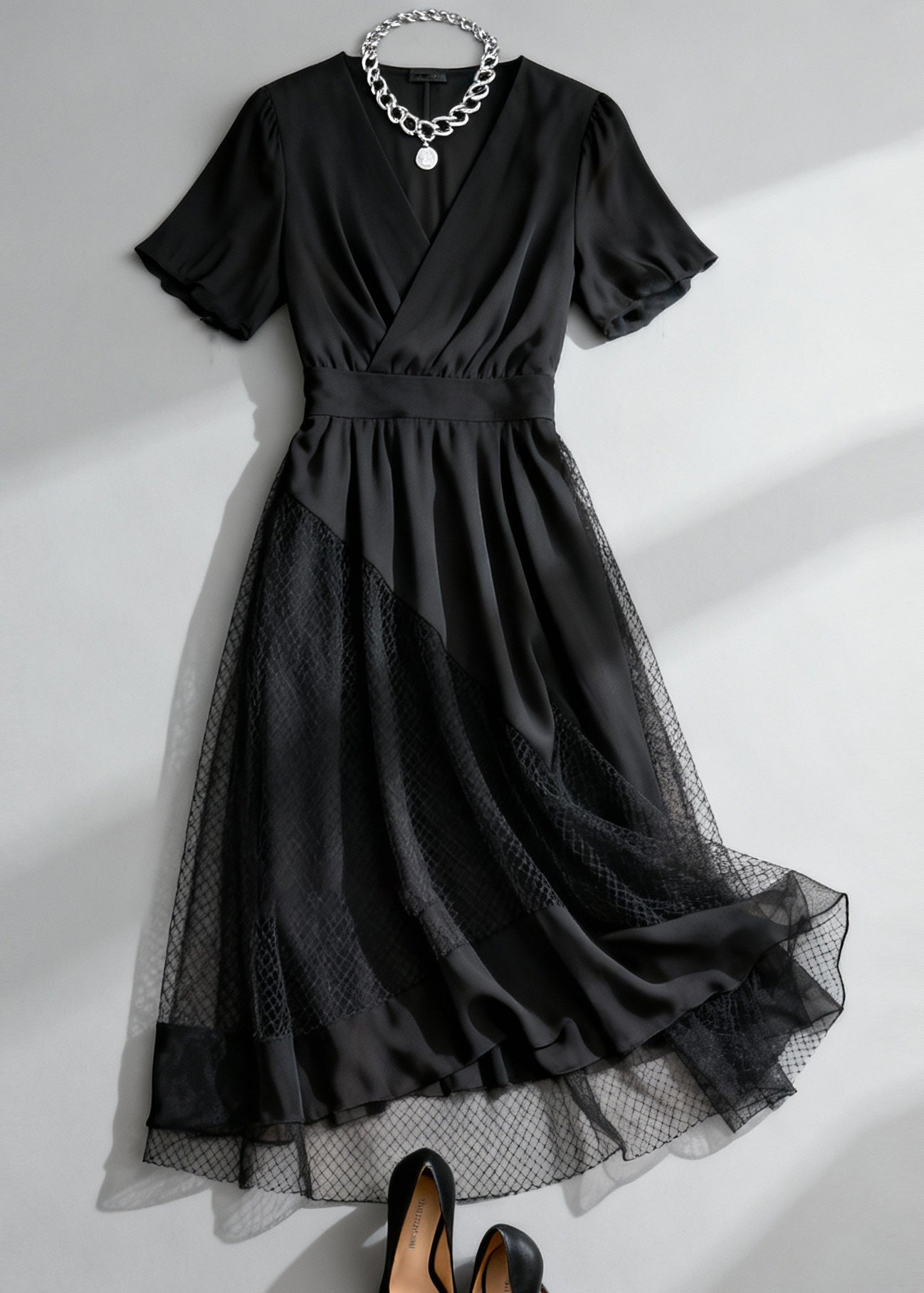 Deep V-Neck Wrap Short Sleeve Mesh Panel A-Line Midi Dress