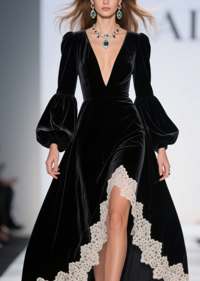 Velvet Lace Trim Deep V-Neck Puff Sleeve High Low Maxi Gown