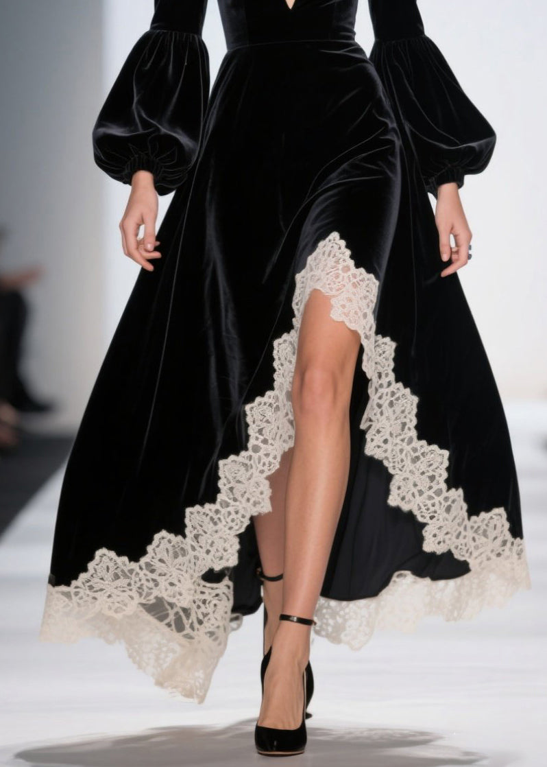Velvet Lace Trim Deep V-Neck Puff Sleeve High Low Maxi Gown