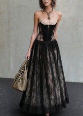 French Black Backless High Waist Patchwork Lace Spaghetti Strap Dress Summer