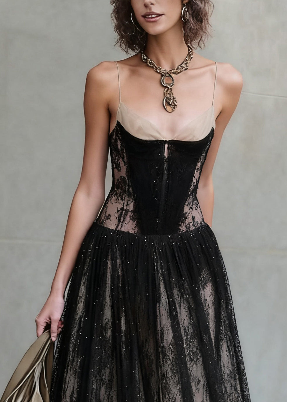 French Black Backless High Waist Patchwork Lace Spaghetti Strap Dress Summer 2