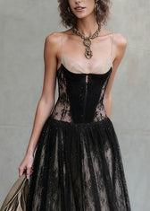 French Black Backless High Waist Patchwork Lace Spaghetti Strap Dress Summer 2