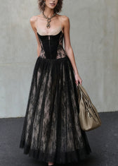 French Black Backless High Waist Patchwork Lace Spaghetti Strap Dress Summer 3